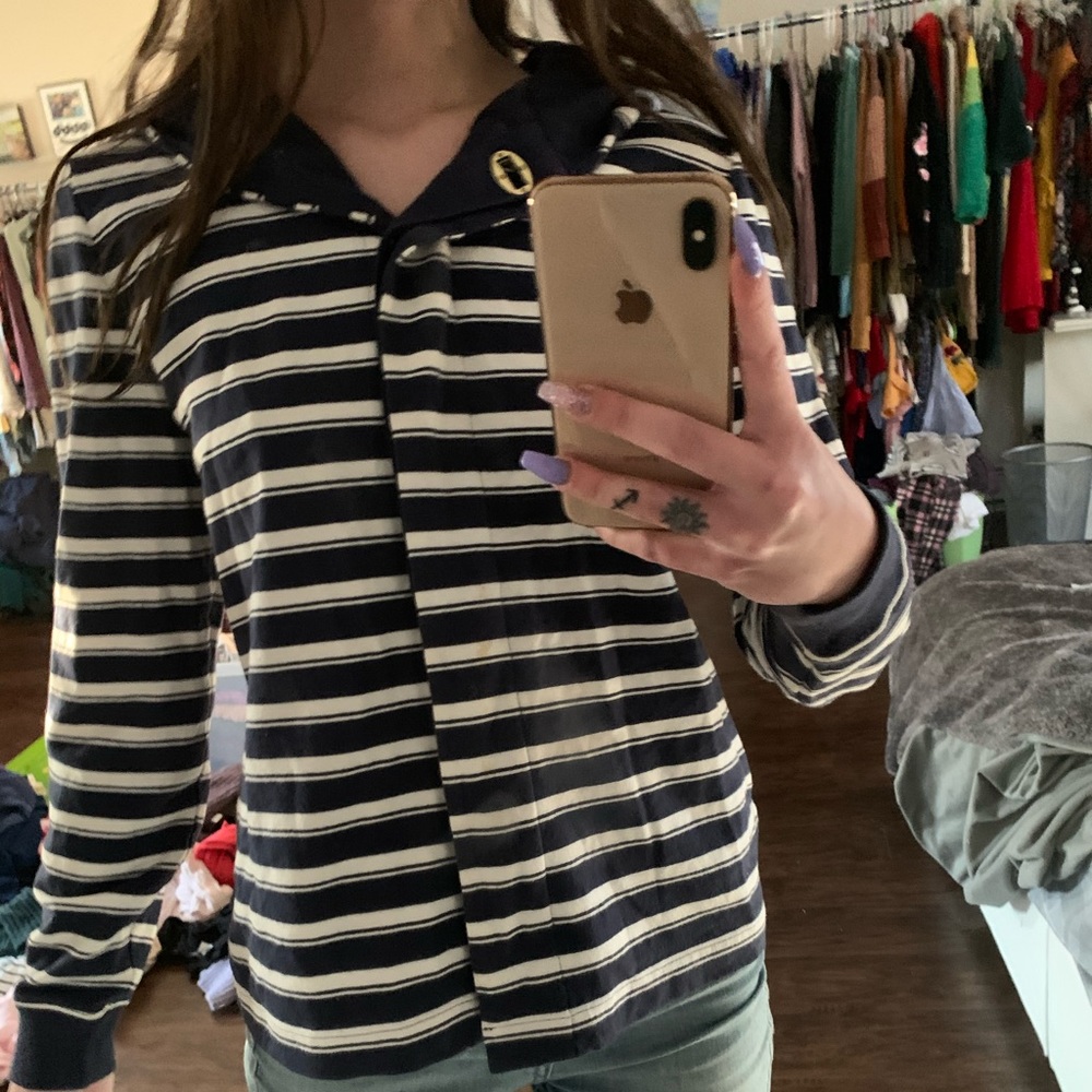 Navy striped hooded pea coat